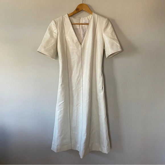 MARIA MCMANUS Topstitch Detail V-neck Midi Dress In Ivory Size 2 - Picture 4 of 12